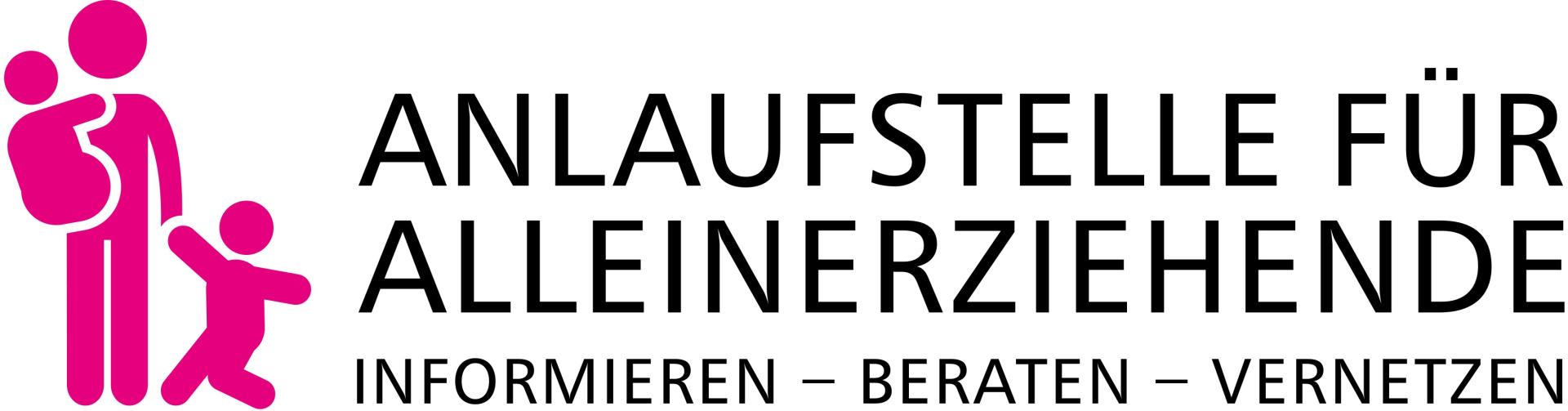 Das Logo der Anlaufstelle für Alleinerziehende zeigt ein pinkes Männchen das ein Kind auf dem Arm hält und eins an der Hand. Daneben steht der Schriftzug Anlaufstelle für Alleinerziehende, informieren, beraten, vernetzen.