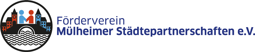 Das Logo des Fördervereins Mülheimer Städtepartnerschaften e. V. Zwei Figuren, die sich auf einer Brücke die Hände reichen und damit die Verbundenheit zwischen den Partnerstädten symbolisieren.
