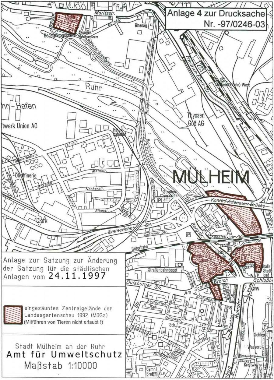 Übersichtskarte des MüGa- Geländes- Anlage zur Anlagensatzung der Stadt Mülheim an der Ruhr