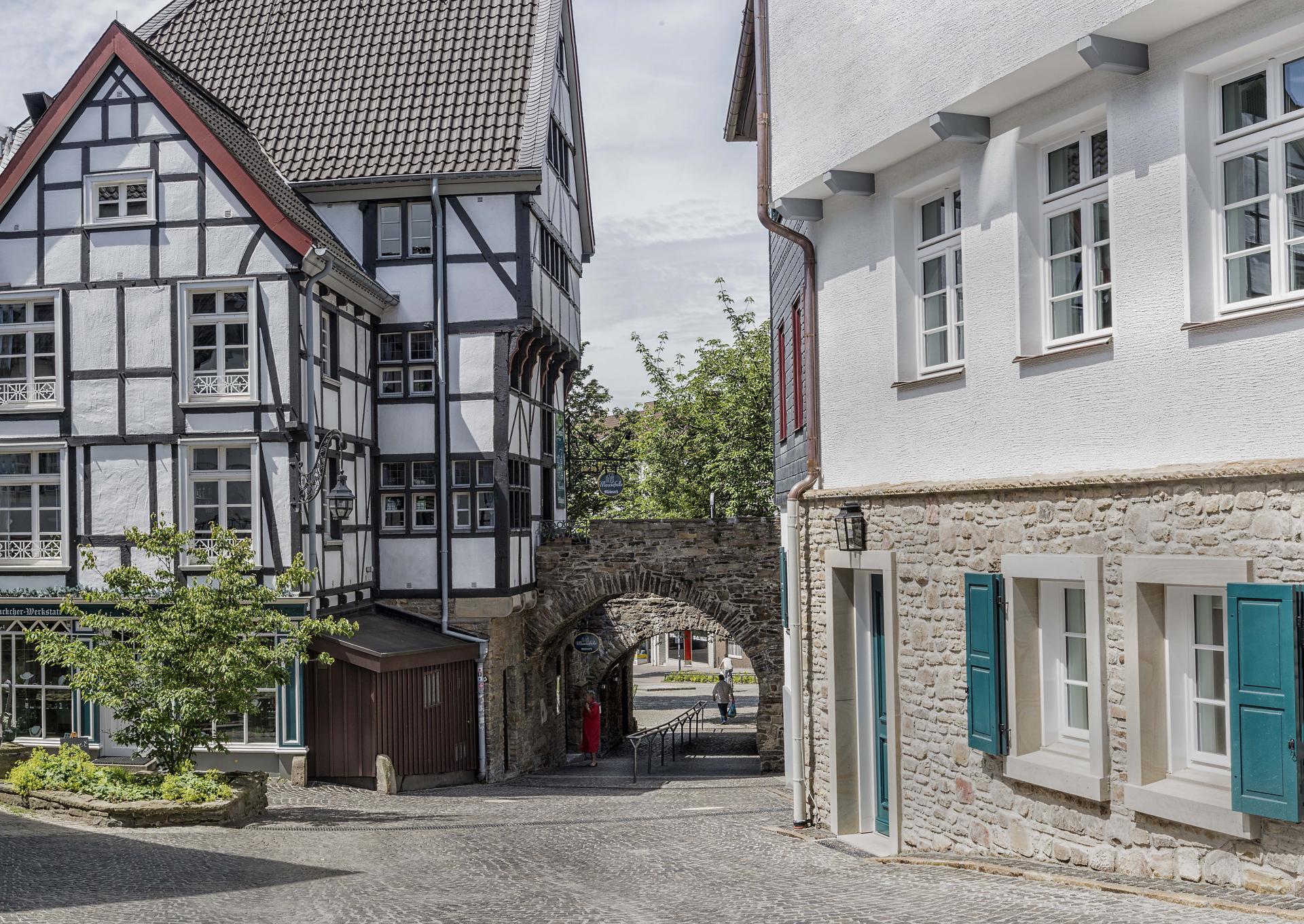 Fachwerkhäuser auf dem Kirchenhügel in der Mülheimer Altstadt