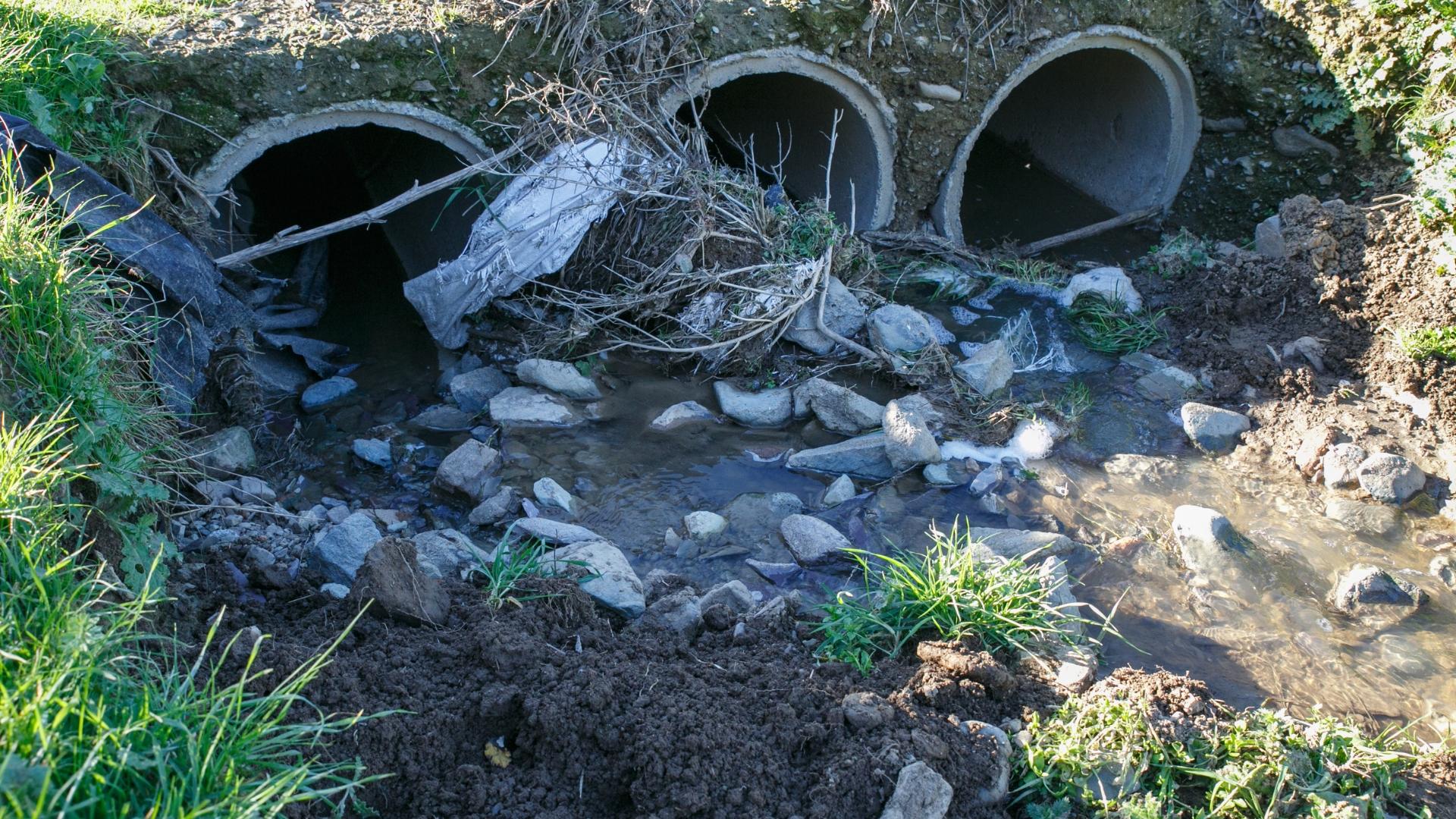 Auf dem Foto sind drei Betonrohre abgebildet aus diesen fließt Abwasser in den Boden