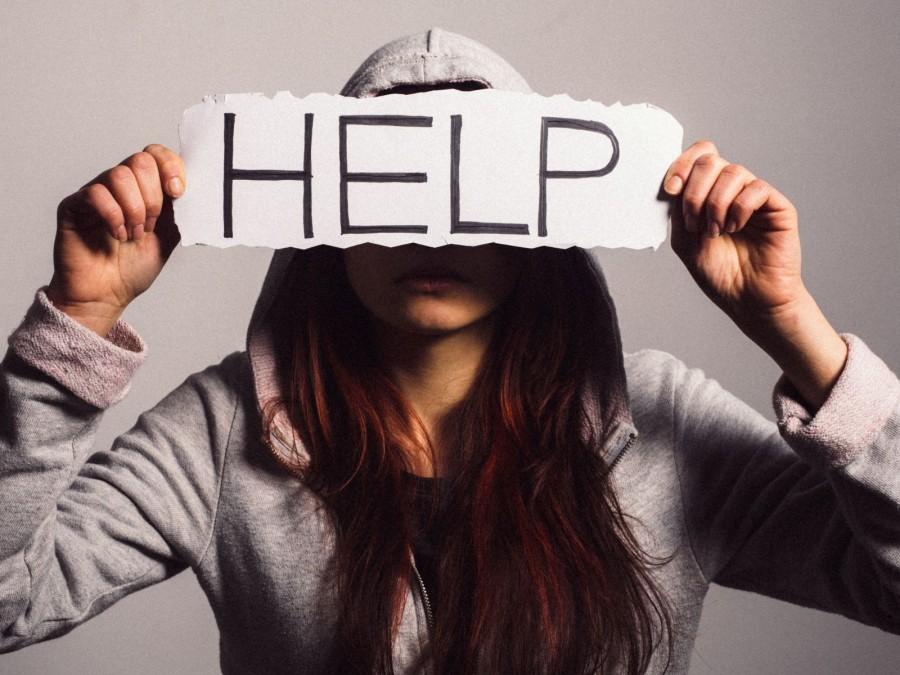 Eine junge Frau mit einem grauen Hoodie und langen braunen Haaren hält einen Zettel mit dem Wort Help vor ihr Gesicht.