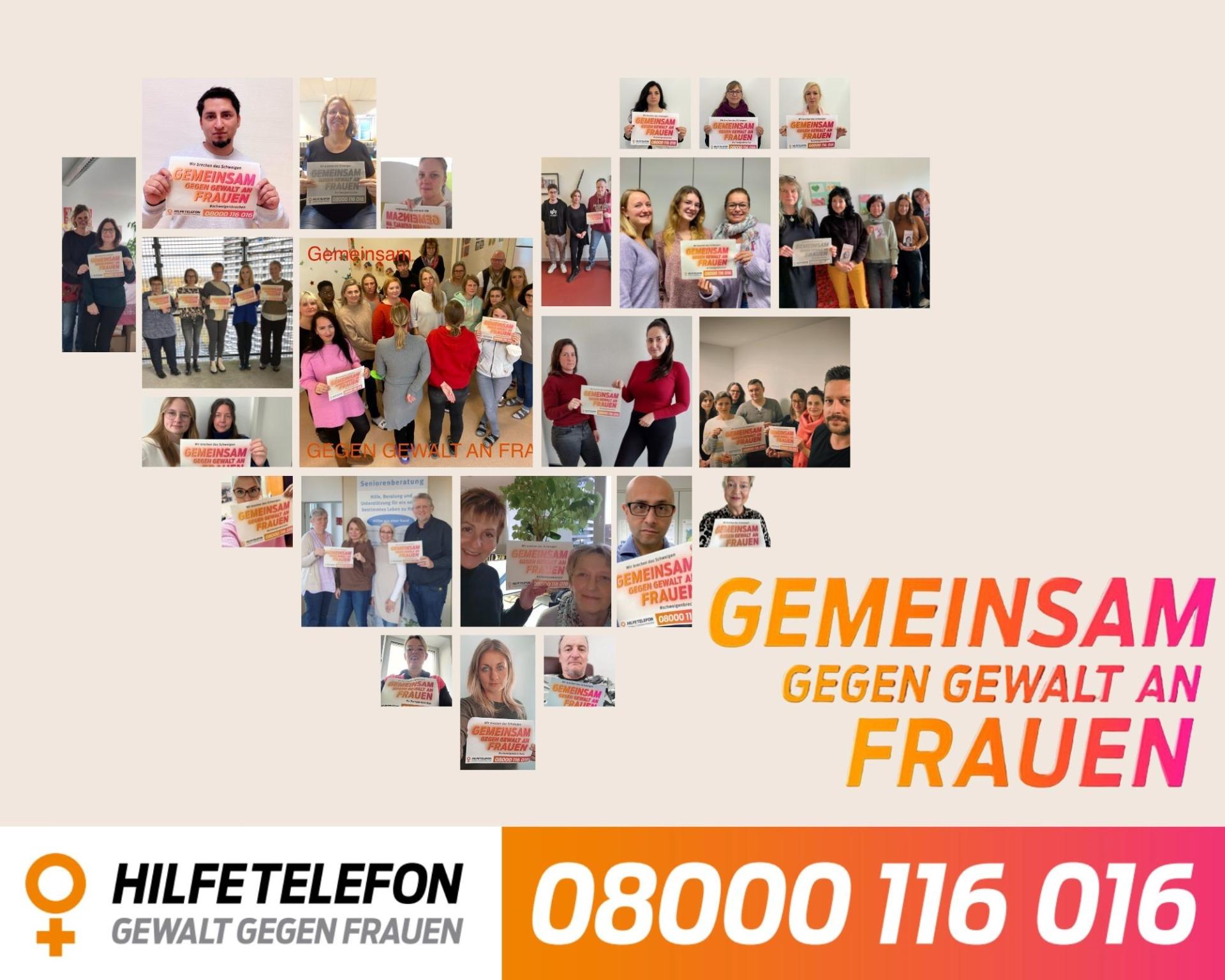 Die herzförmige Kollage zeigt Selfies von Mitarbeitenden der Stadt Mülheim an der Ruhr.Sie halten ein Plakat in der Hand auf dem geschrieben steht: Wir brechen das Schweigen; Gemeinsam gegen Gewalt an Frauen; #schweigenbrechen, Hilfetelefon; und die Telefonnummer 08000116016. Das ist eine Kooperation der Gleichstellungsstelle mit der Social Media Redaktion der Stadt Mülheim an der Ruhr.