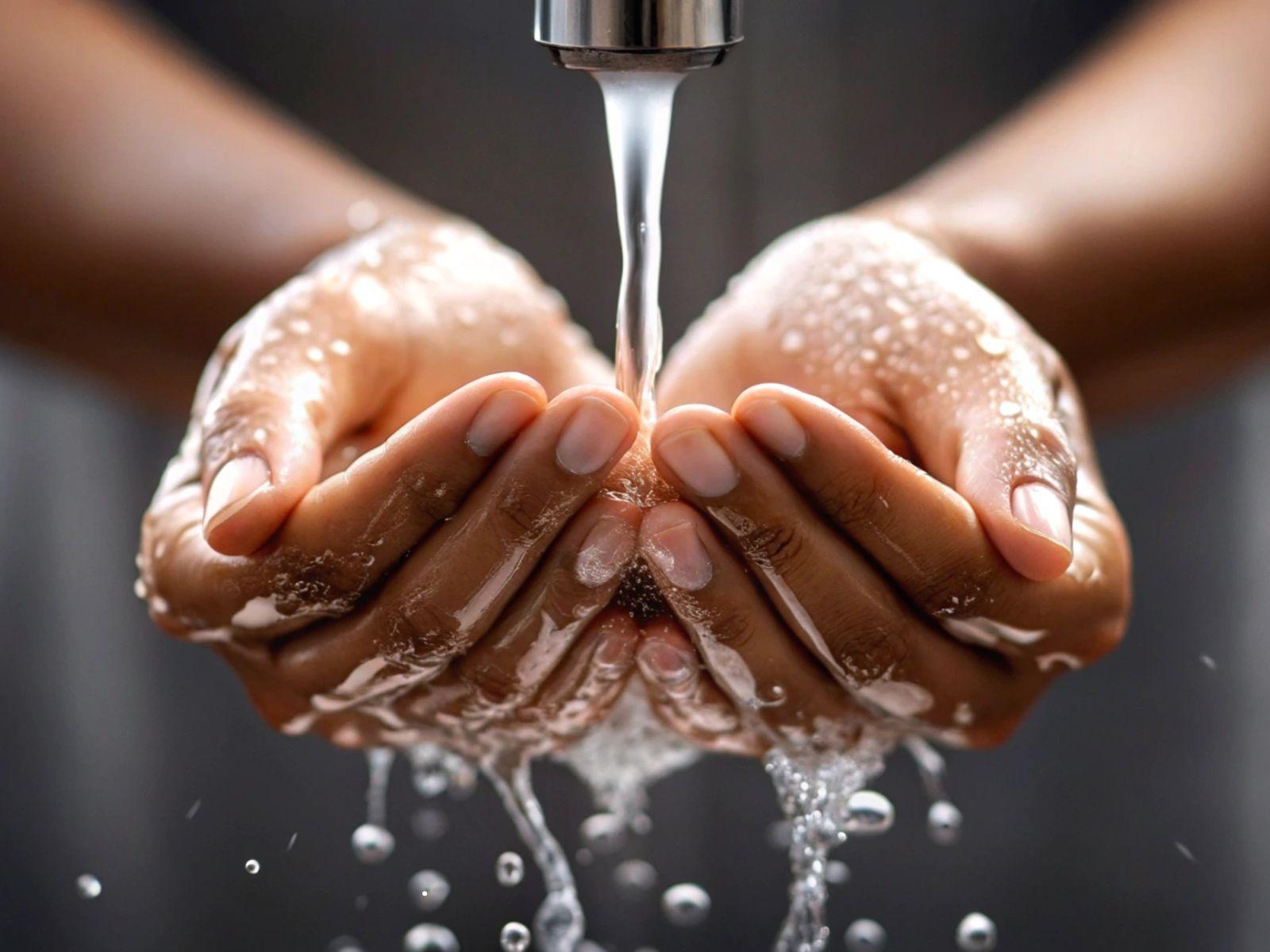 Eine Frau wäscht sich die Hände unter einem Wasserhahn