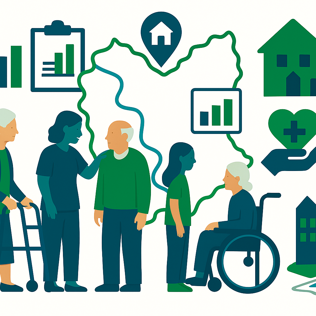 Zu sehen sind ältere Menschen in Alltagsituationen - zu Fuß, mit Rollator und im Rollstuhl - sowie Symbole für Pflege und Unterstützung.