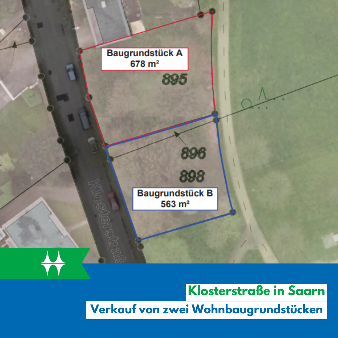 Kartenausschnitt zeigt zwei Wohnbaugrundstücke an der Klosterstraße in Mülheim-Saarn