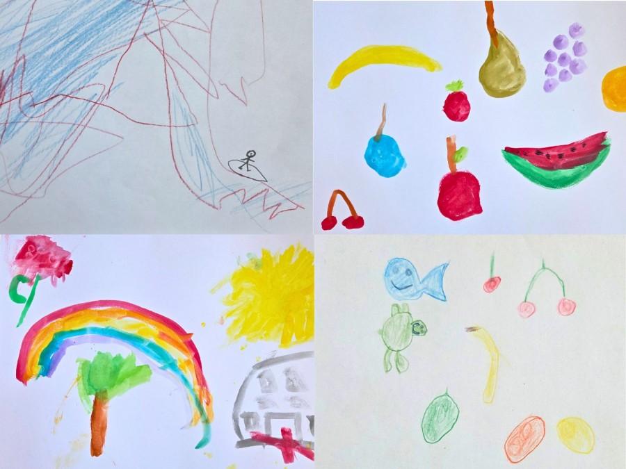 Vier bunte Bilder von Kindern gemalt.