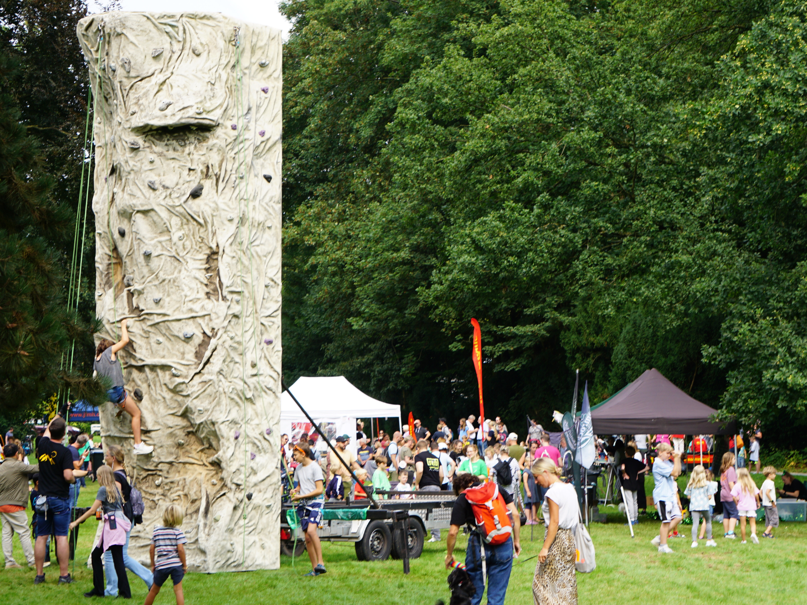 Ein Kletterturm auf einer großen Wiese mit vielen Besuchenden