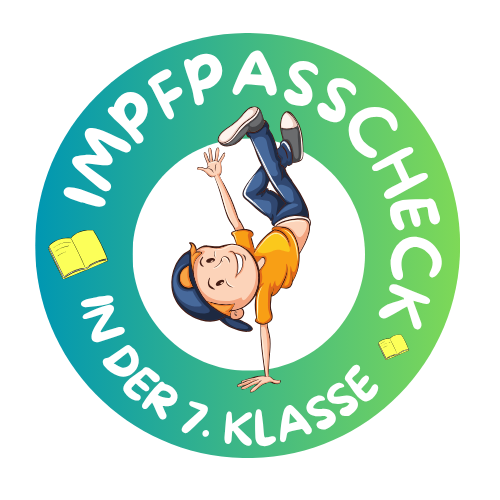 Ein Kreis mit dem Schriftzug: Impfpasscheck in der 7. Klasse. In dem Kreis ein Junge der Breakdance tanzt.