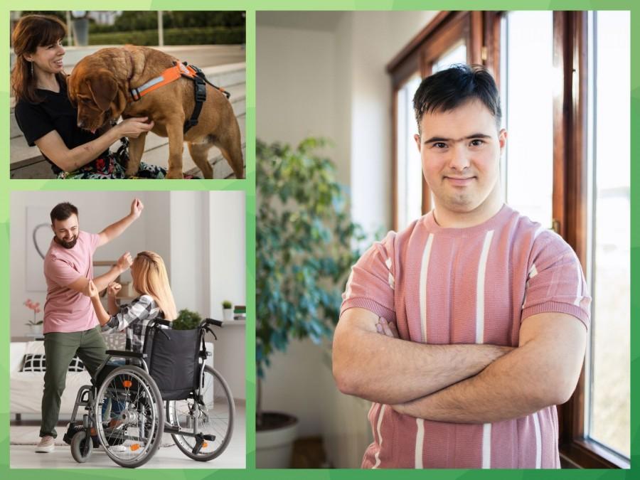 ine Fotocollage aus drei Bildern. Links oben eine blinde Frau mit ihrem braunen Servicehund. Links unten eine blonde Frau im Rollstuhl die mit einem Mann im rosa Shirt tanzt. Rechts ein Mann mit Downsyndrom im rosa Shirt.