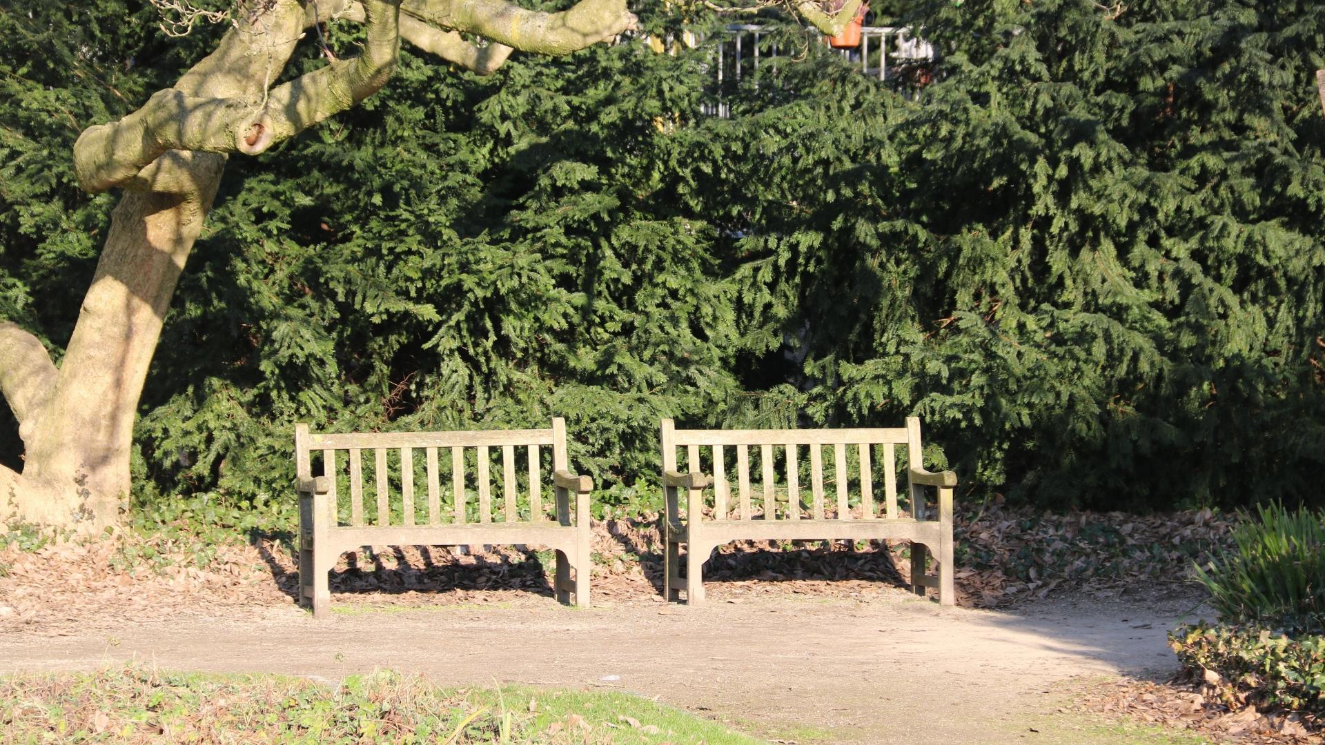 Zwei Parkbänke nahe der Ruhr in Mülheim an der Ruhr.