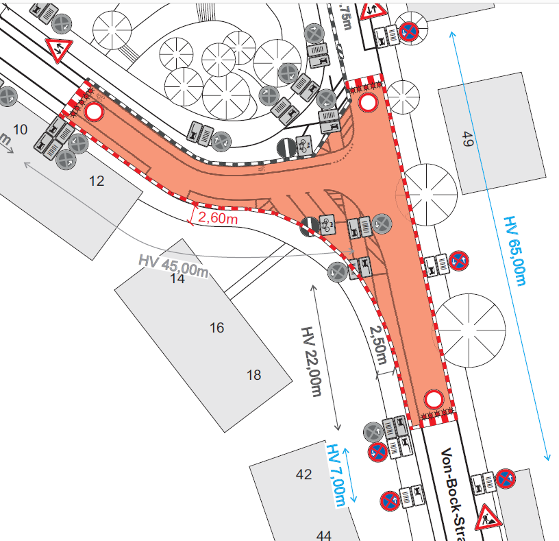 In eine Straßenkarte ist der Baustellenbereich für die Asphaltarbeiten auf der Von-Bock-Straße und im Einmündungsbereich der Leibnizstraße eingezeichnet.