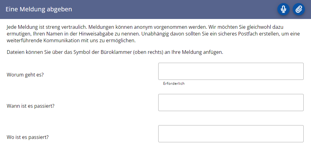 Eingabemaske für die Abgabe einer Meldung im Hinweisgeberschutzsystem.