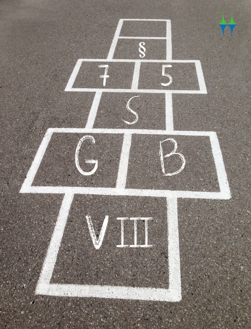 Auf dem Bild sieht man ein Kreide-Hüpf-Spiel. In den Kästchen steht § 75 SGB VIII. 
