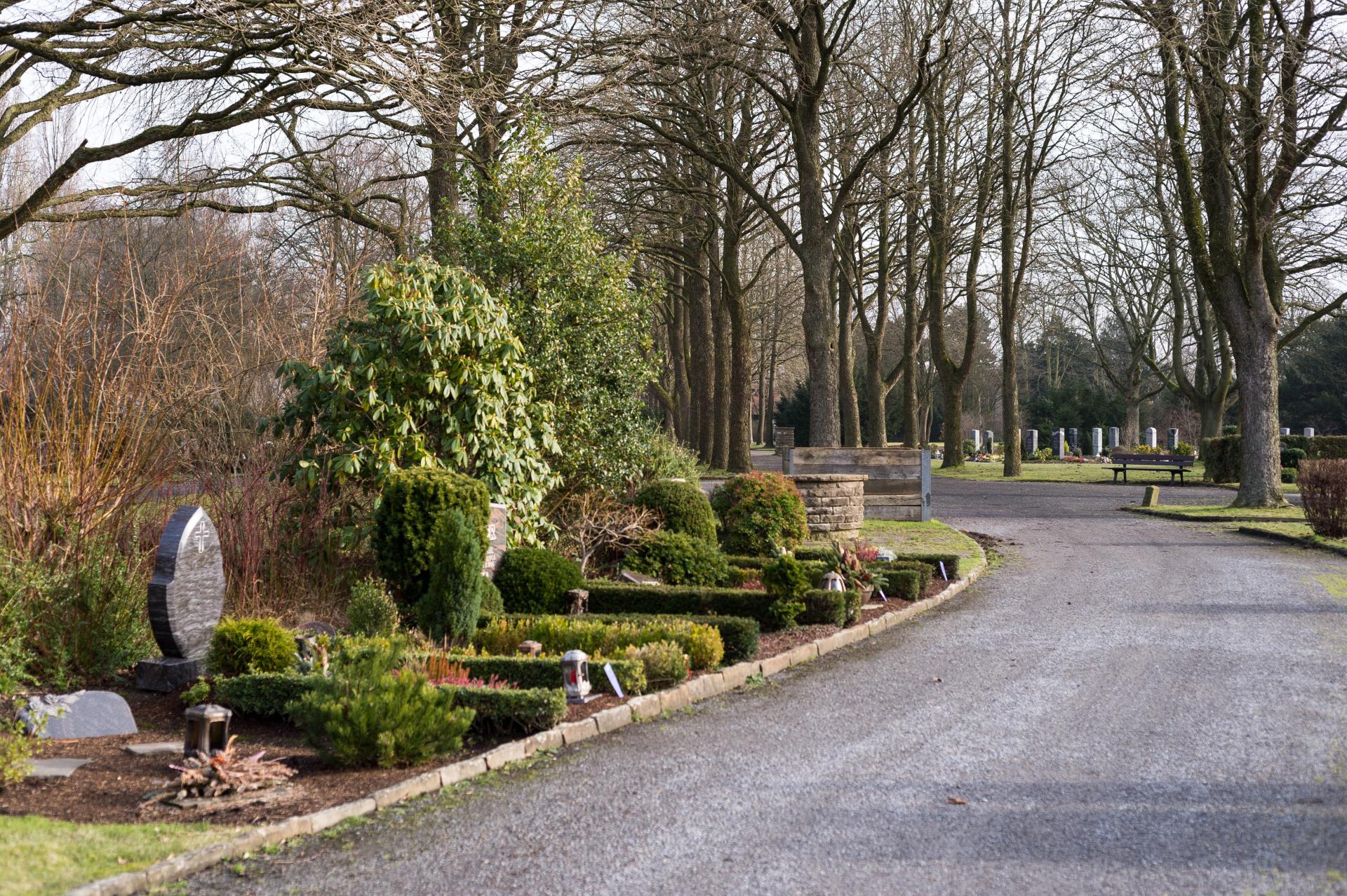 Weg auf dem Friedhof Styrum. Links des gekrümmten Weges Sarg-Erdgrabstätten mit individueller Gestaltung