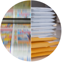 Ausschnitte aus Bildern zur Veranschaulichung von Drucken und Postversand