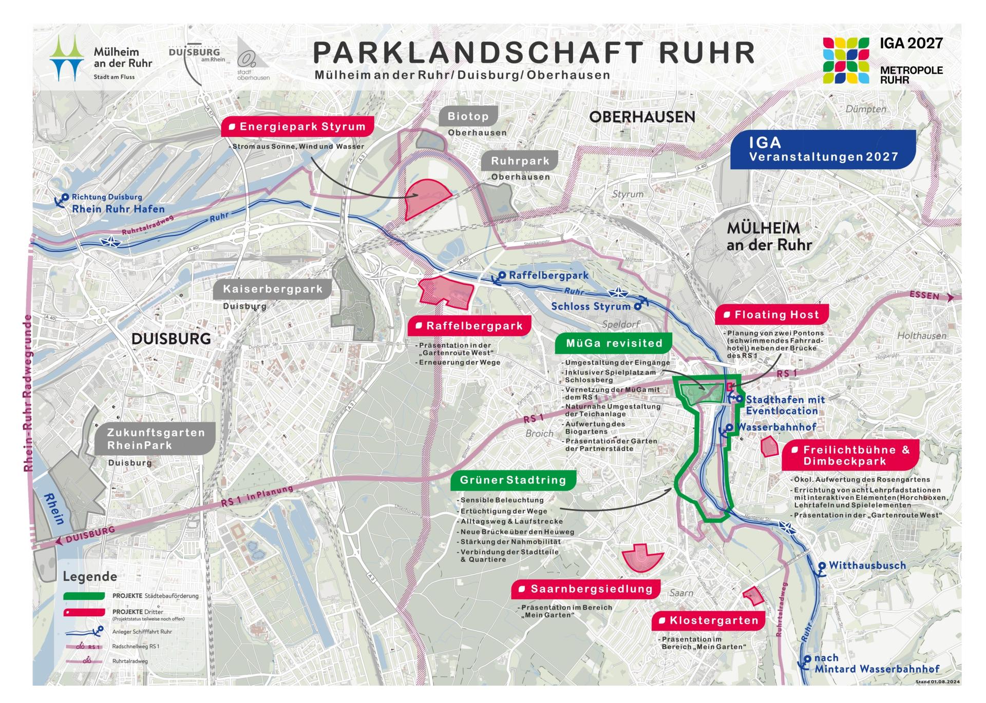 Übersichtskarte der IGA Projekte 2027 in Mülheim an der Ruhr.