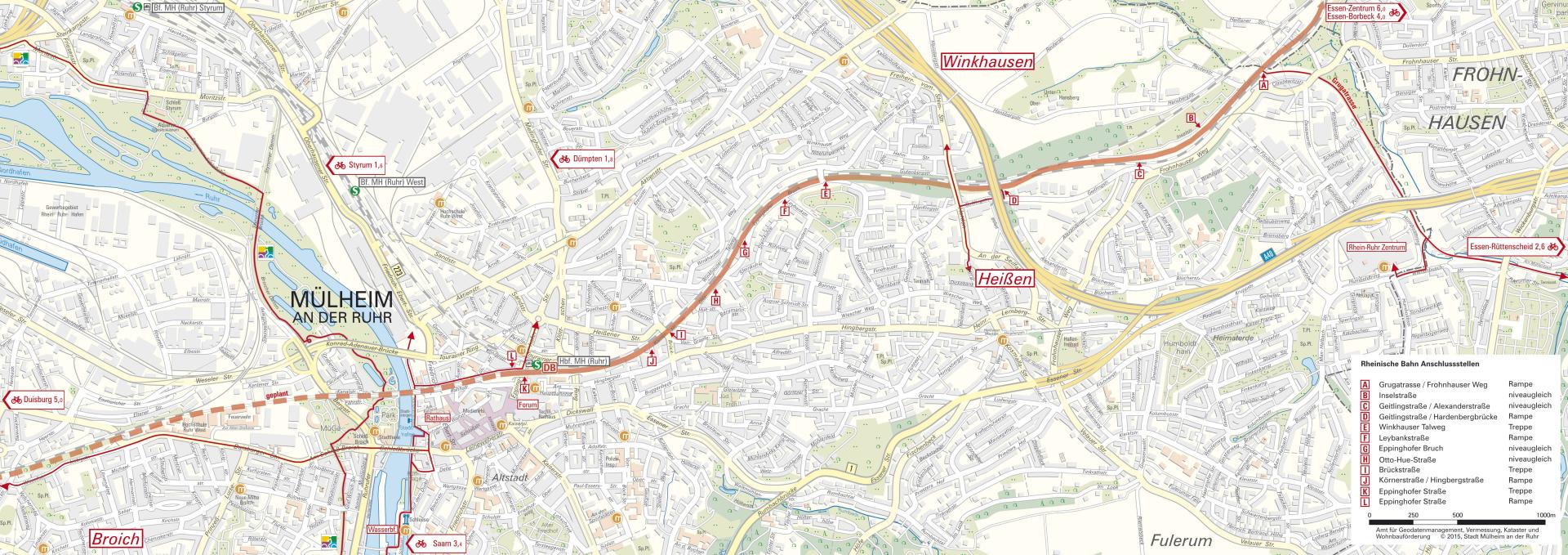 Anschlussstellen des Radwegs Rheinische Bahn an das innerstädtische Wegenetz.
