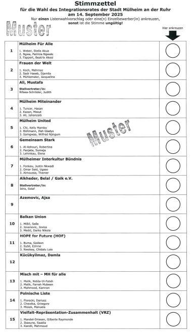 Musterstimmzettel für die Wahl des Integrationsrates der Stadt Mülheim an der Ruhr am 14.09.2025