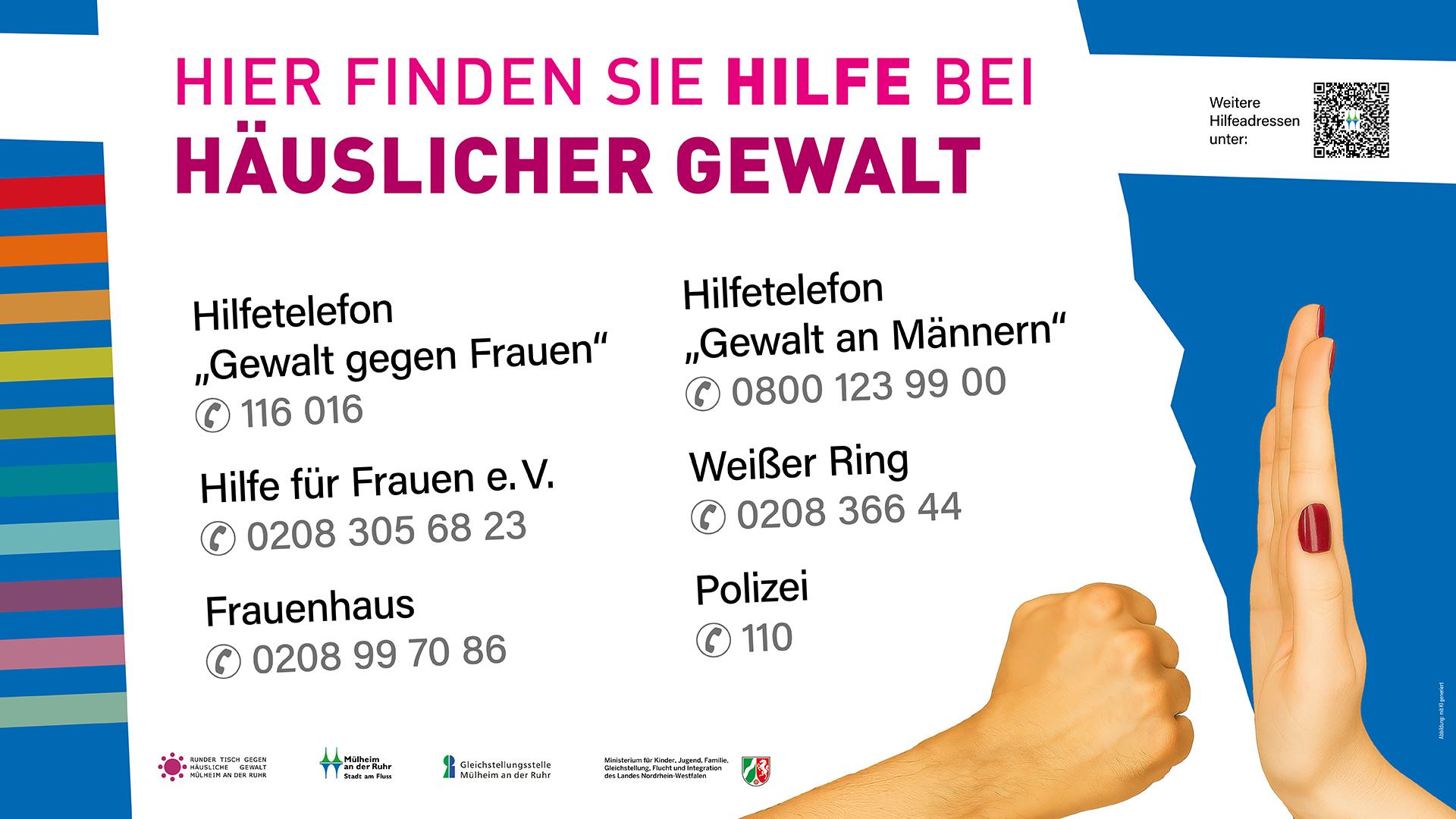Die Abbildung zeigt die Hilfetelefonnummern gegen Gewalt an Frauen und Männern, z. B. das Hilfetelefon gegen Gewalt an Frauen unter 116016 und das Männer-Hilfetelefon unter 08001239900.
