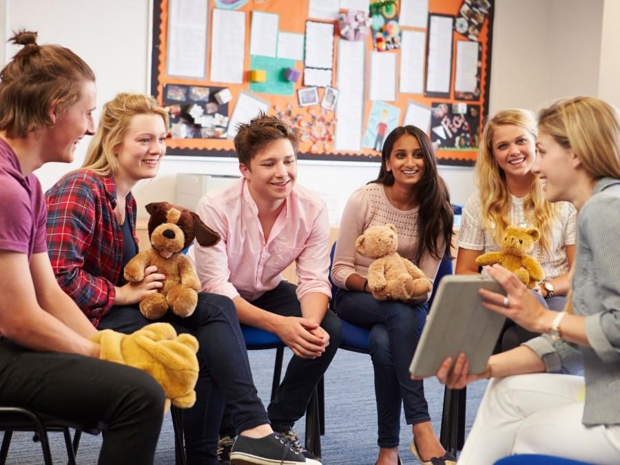 Weiterbildungskurs einer Gruppe von Tagespflegepersonen. Sie halten Stofftiere und besprechen aktuelle Entwicklungen und vertiefte Kenntnisse in den Bereichen Kinder mit besonderem Förderbedarf, Integration, Sprachförderung, Bewegungserziehung, frühe Förderung (Frühwarnsystem) oder Hilfen zur Erziehung (Kindeswohl).