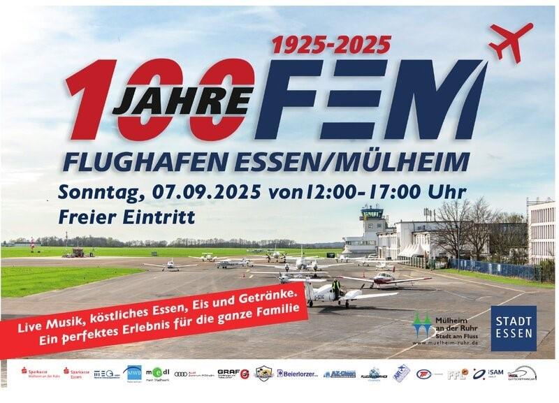 Plakat zum Familienfest am Flughafen Essen/Mülheim am 7. September 2025 anlässlich des 100. Geburtstags des FEM.