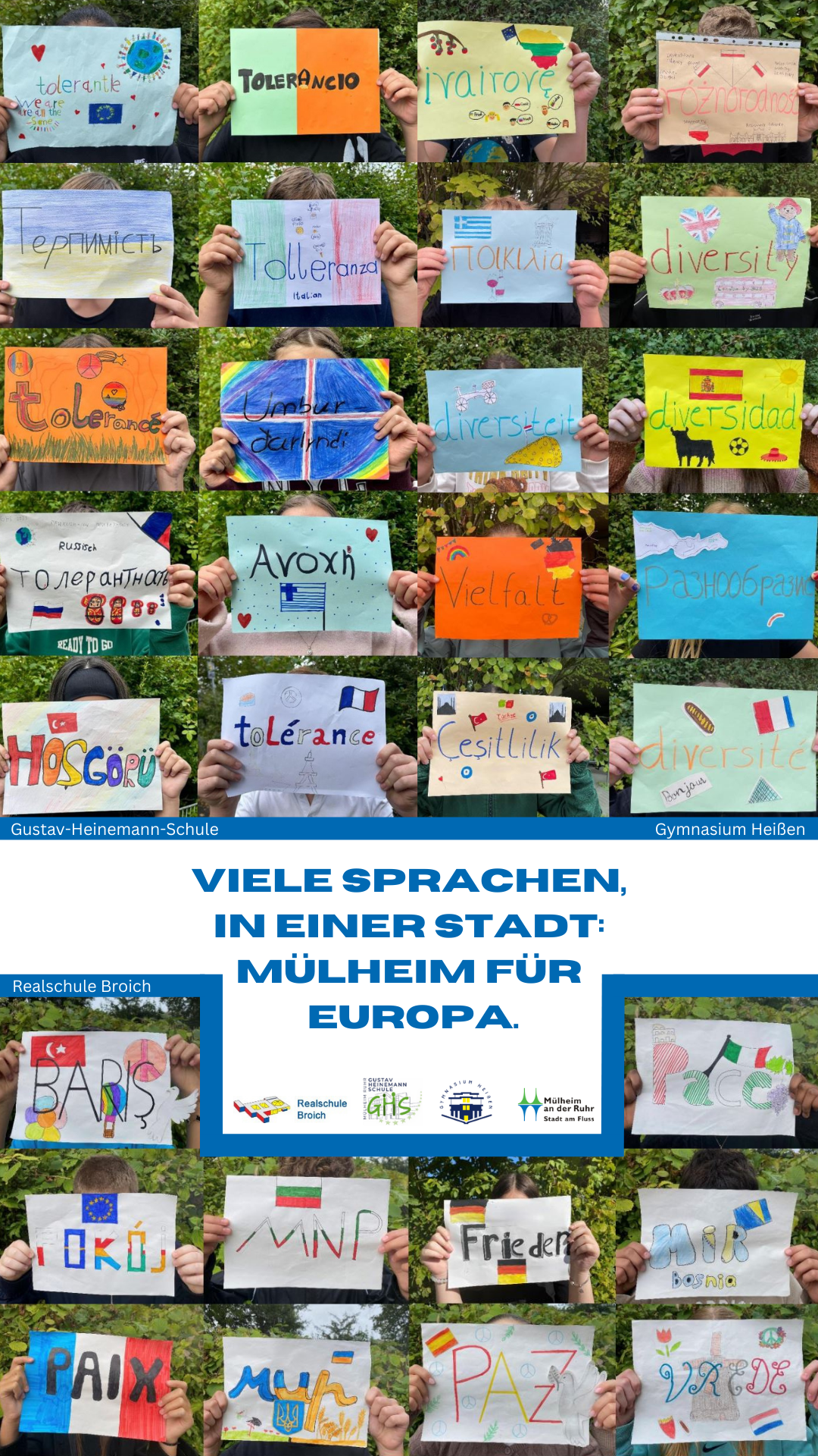 Die Mülheimer Europaschulen beschäftigten sich rund um den Europäischen Tag der Sprachen 2025 mit der Bedeutung von Verständigung über Sprachgrenzen hinweg. In einer Collage übersetzten sie die Begriffe „Frieden“ (Realschule Broich), „Toleranz“ (Gustav-Heinemann-Schule) und „Vielfalt“ (Gymnasium Heißen) in verschiedene europäische Sprachen und gestalteten kreative Bilder.