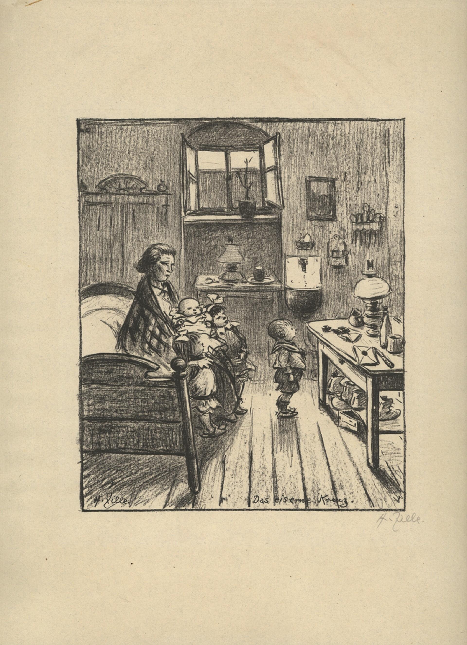 Das Bild zeigt eine Lithographie von Heinrich Zille. Eine Mutter sitzt mit 2 Kleinkindern und einem Baby auf einem Bett in einem spärlich eingerichteten Raum. Rechts vor dem Bett steht ein Junge im Kindergartenalter vor einem Brief mit dem Eisernen Kreuz.