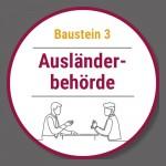 Schrift: Baustein 3 Ausländerbehörde Gezeichnete Abbildung zweier am Tisch sitzender Menschen