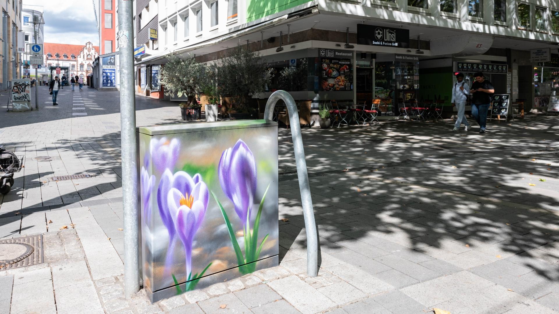 Bunt gestalteter Verteilerkasten in der Leineweberstraße zeigt Krokusse