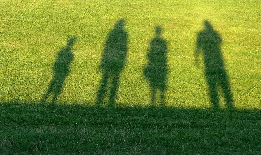 Grüne Wiese, auf die der Schatten von 4 unterschiedlich großen und alten Personen. Familien, Hilfen, Erziehung, Psychologisches Beratungszentrum, Erziehungsberatungsstelle.