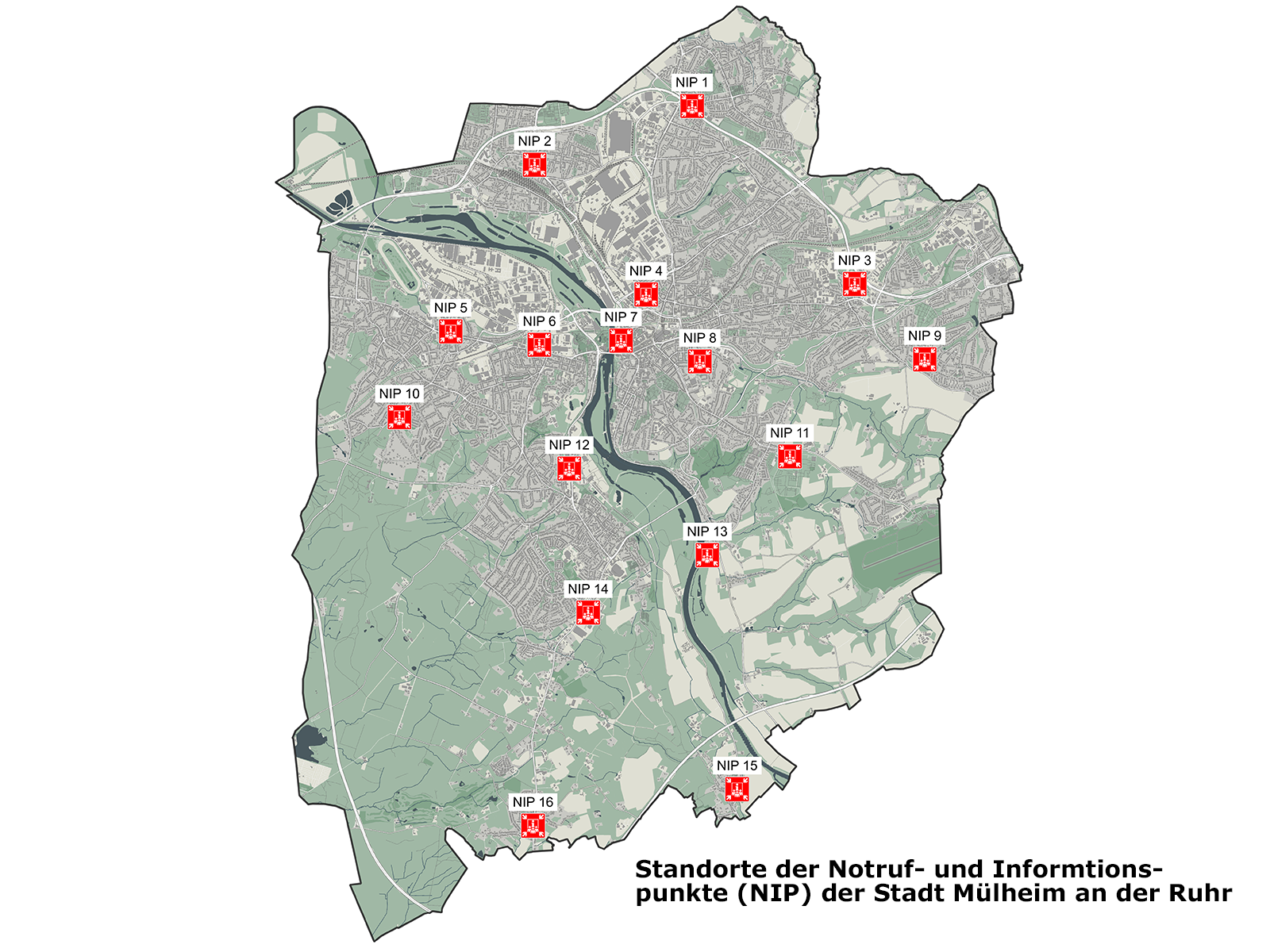 Übersichtskarte mit Standorten der 16 Notruf- und Informationspunkte im Stadtgebiet von Mülheim an der Ruhr