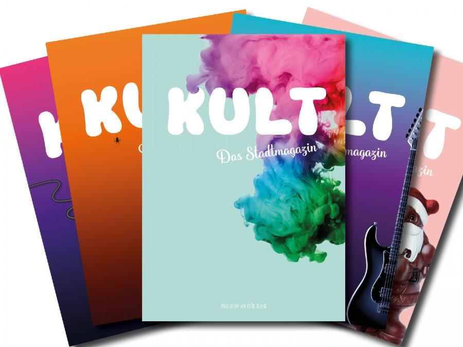 Bunte, zu einem Fächer gelegte Cover des Magazins KULT, herausgegeben von der Mülheimer Stadtmarketing und Tourismus GmbH (MST), informiert über Aktuelles aus unserer Stadt, hat die Events des Monats im Überblick und liefert kreative Do-It-Yourself-Ideen sowie praktische Tipps zum Nachmachen