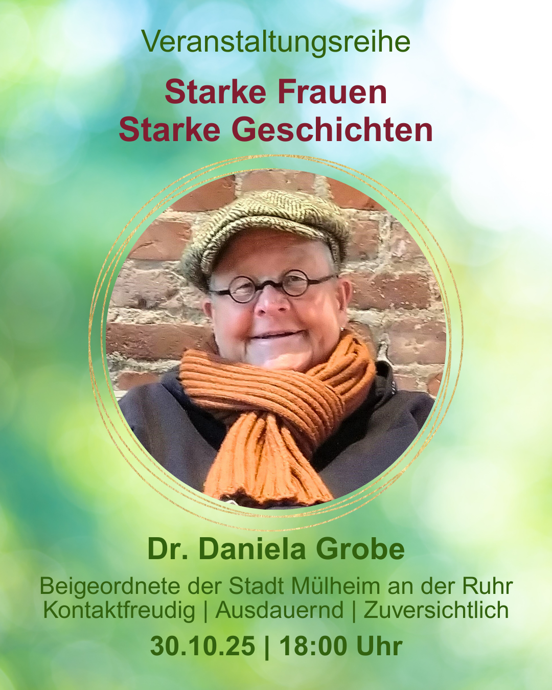 Plakat weist auf Veranstaltung "Starke Frauen - Starke Geschichten" hin: im Oktober 2025 mit Dr. Daniela Grobe 