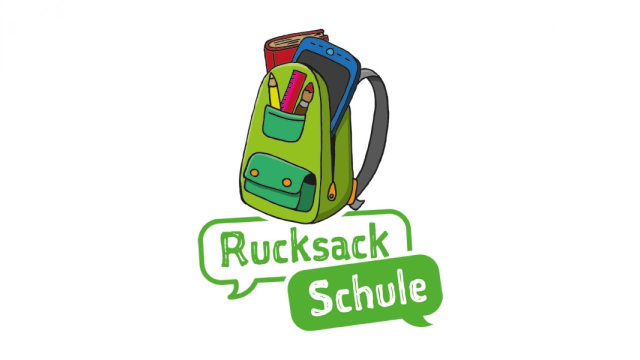 Logo des Programms mit einem gemalten Schulrucksack unter dem "Rucksack Schule" steht