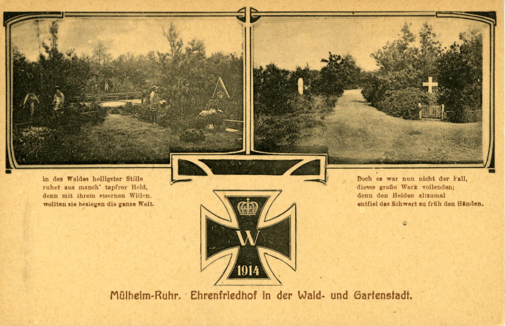 Eine historische Postkarte über die Kriegsgräberstätte mit kriegsverherrlichendem Gedicht