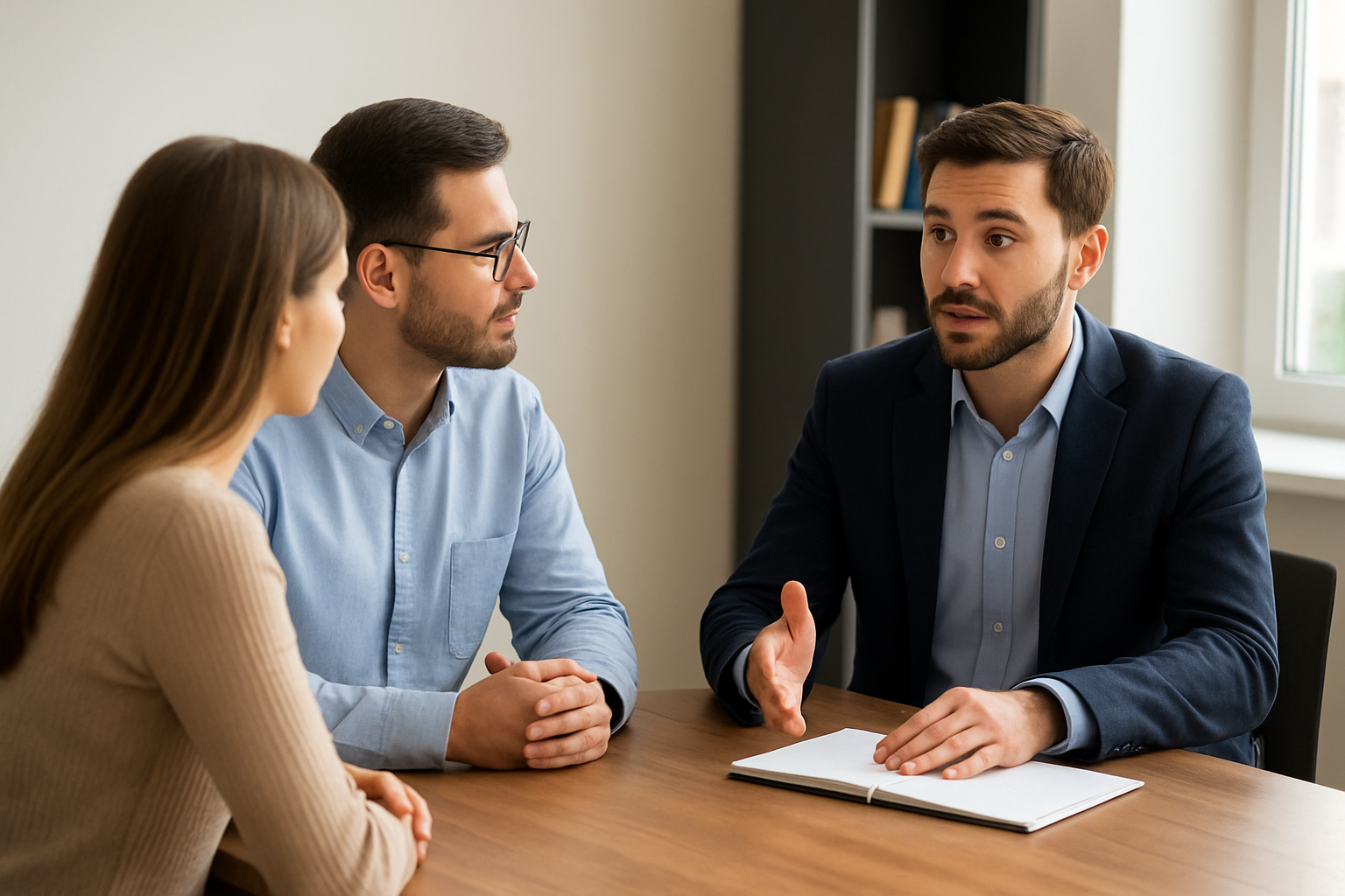 Drei Personen sitzen an einem Tisch und einer der Personen erklärt den anderen etwas