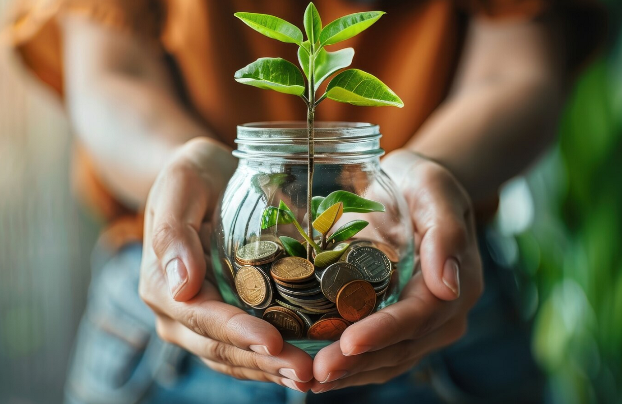 2 Hände halten einen Glasbehälter in dem sich Münzen befinden und ein junger Pflanzentrieb herauswächst