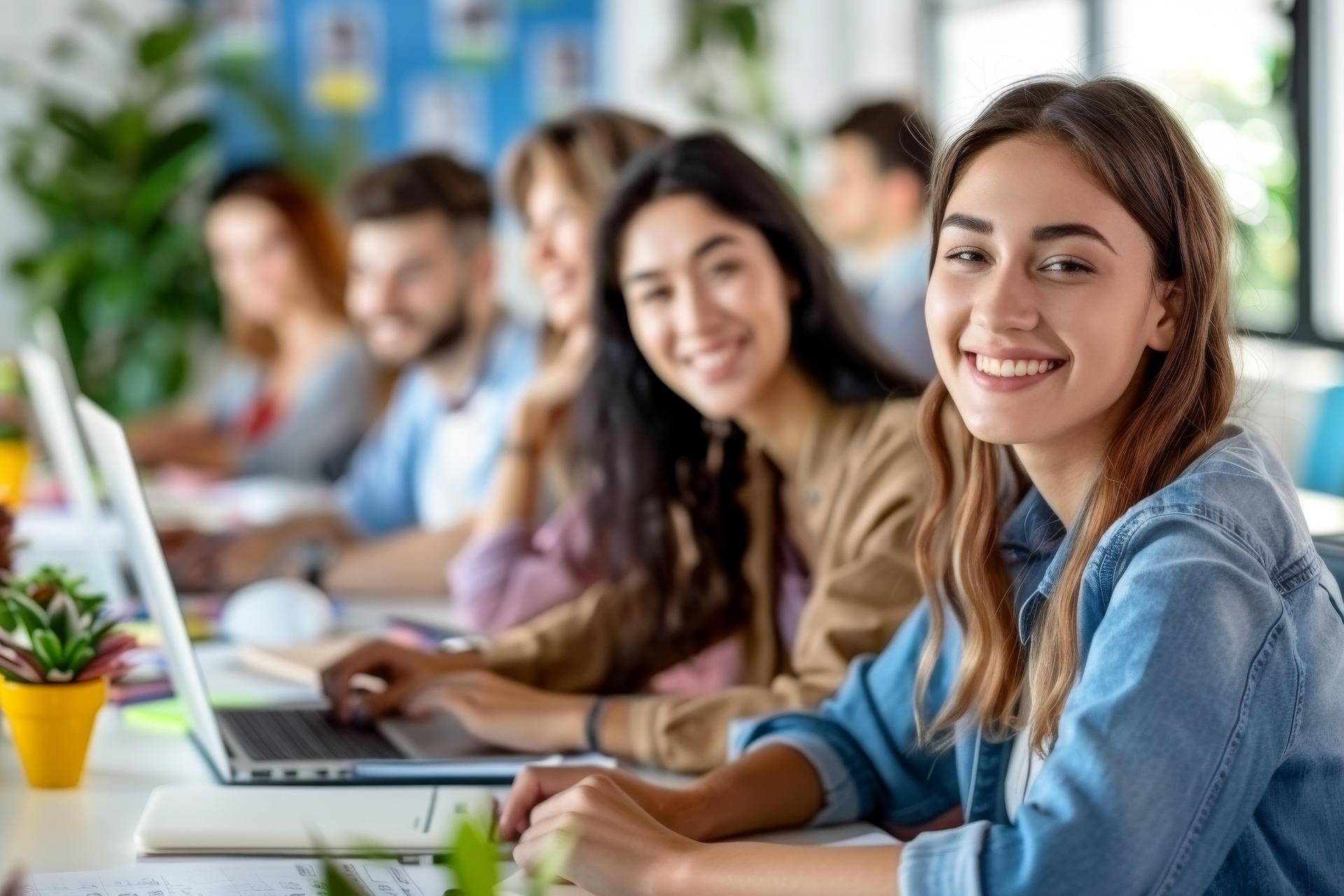 Mehrere Personen sitzen in einem Raum an Laptops