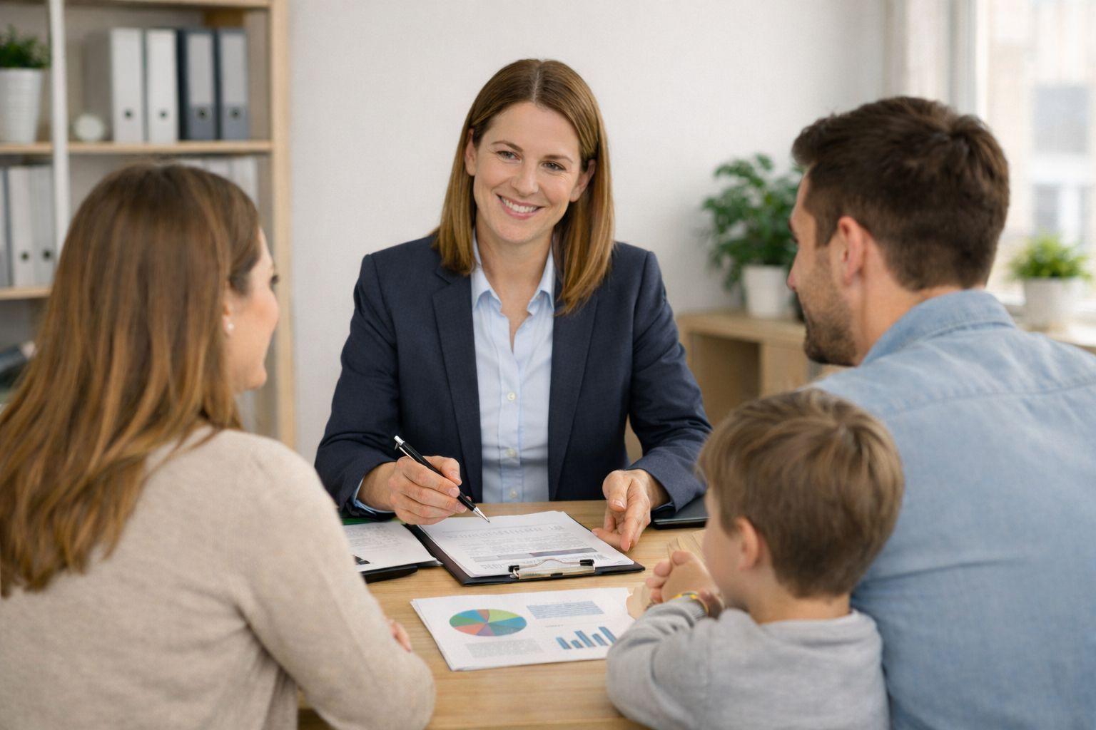 Eltern mit einem Kind an einem Schreibtisch sitzend, während sie von einer Frau beraten werden