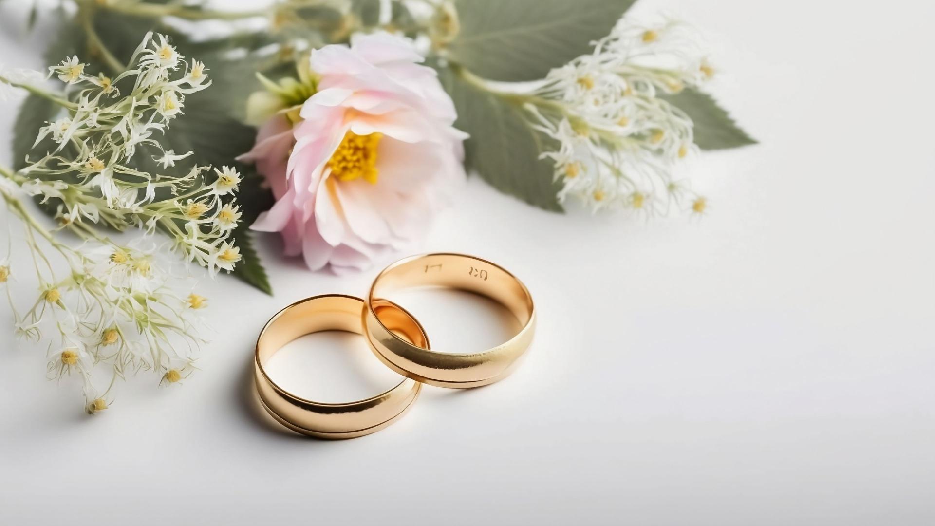 Goldene Hochzeitsringe und eine rosafarbene Rose mit Schleierkraut.