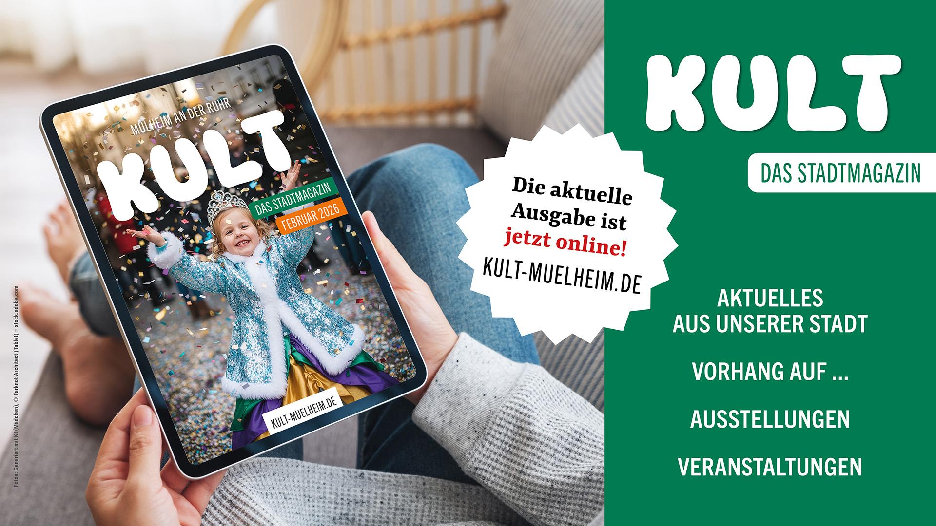 Plakat weist auf die Februar-Ausgabe des KULT-Stadtmagazins hin