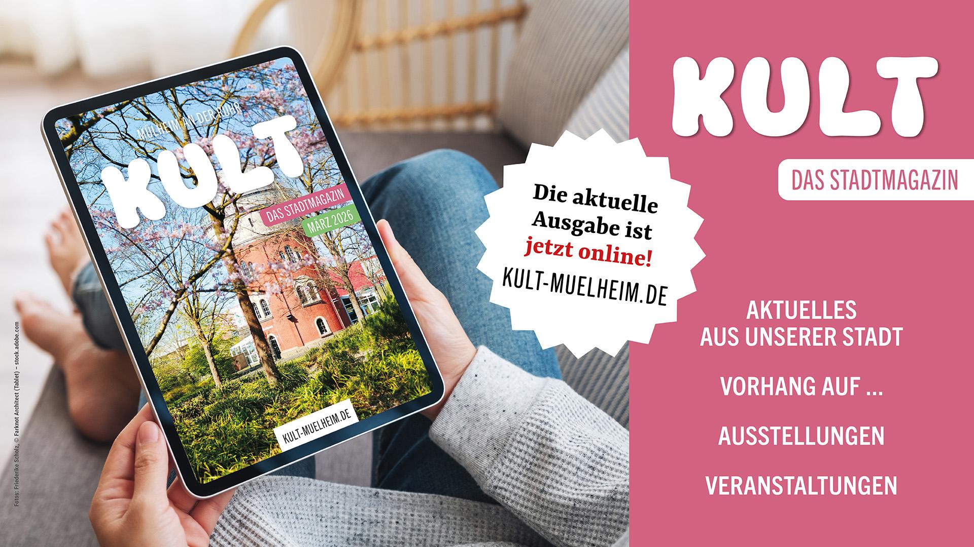 Plakat weist auf die März-Ausgabe des KULT-Stadtmagazins hin