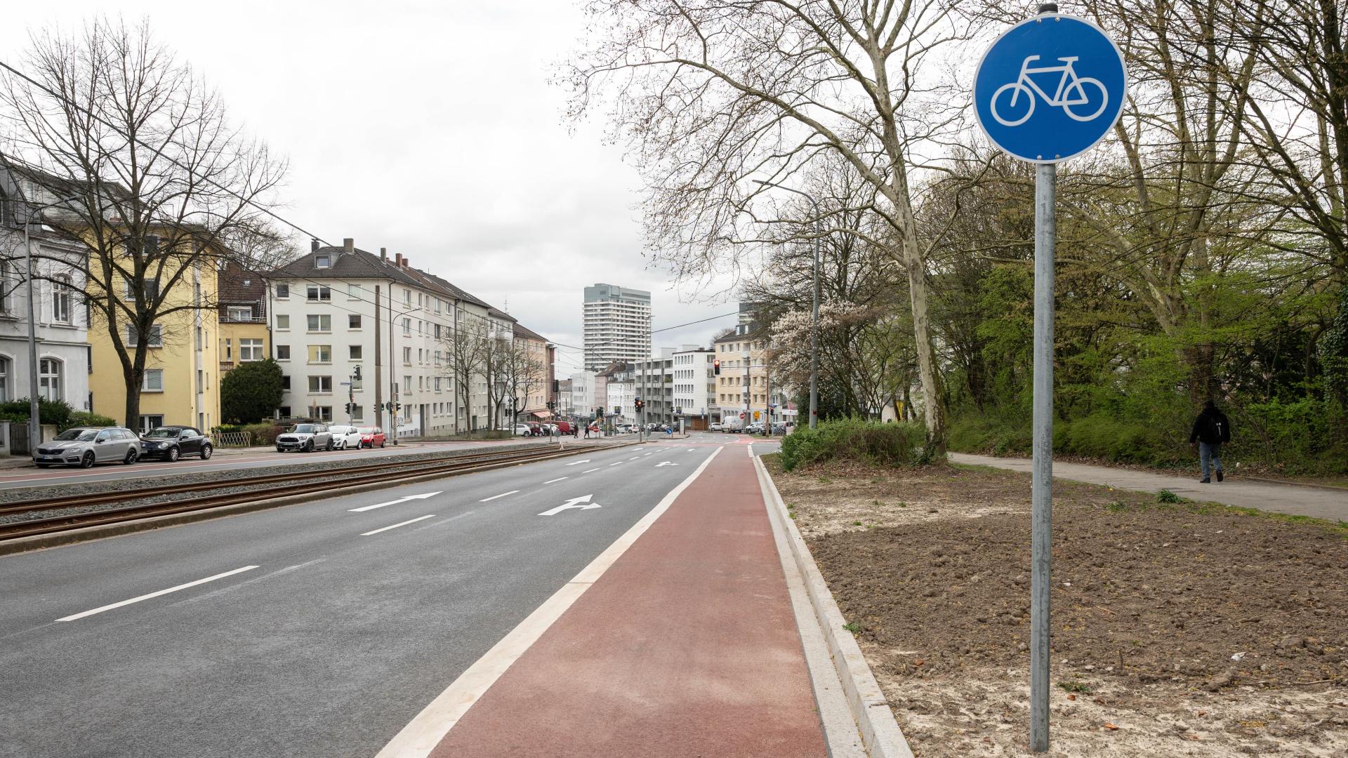 Neuer Radweg an der Kaiserstraße neben mehrspuriger Straße mit Fahrradverkehrsschild und Bäumen im Hintergrund