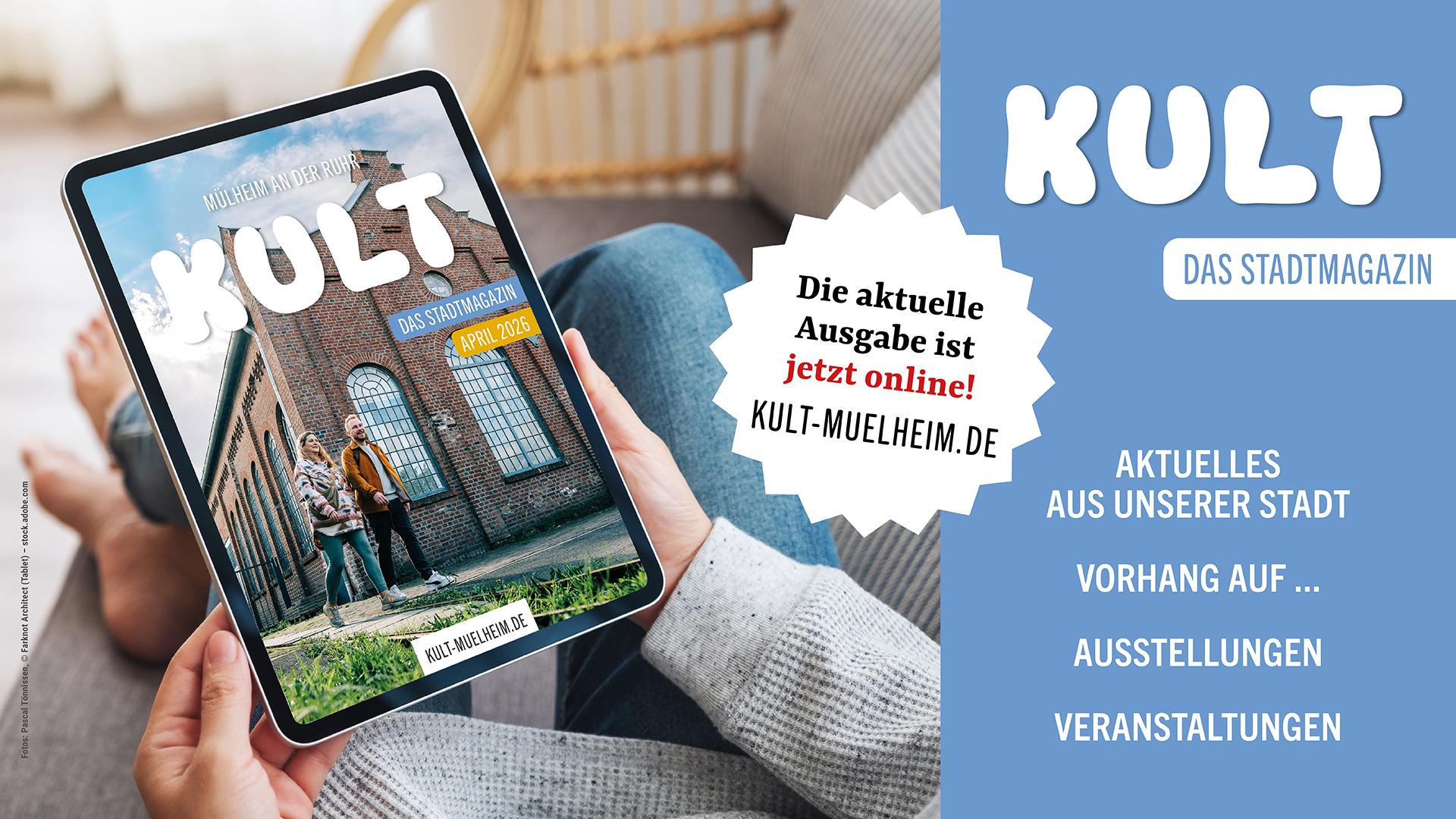 Plakat weist auf die April-Ausgabe des KULT-Stadtmagazins hin