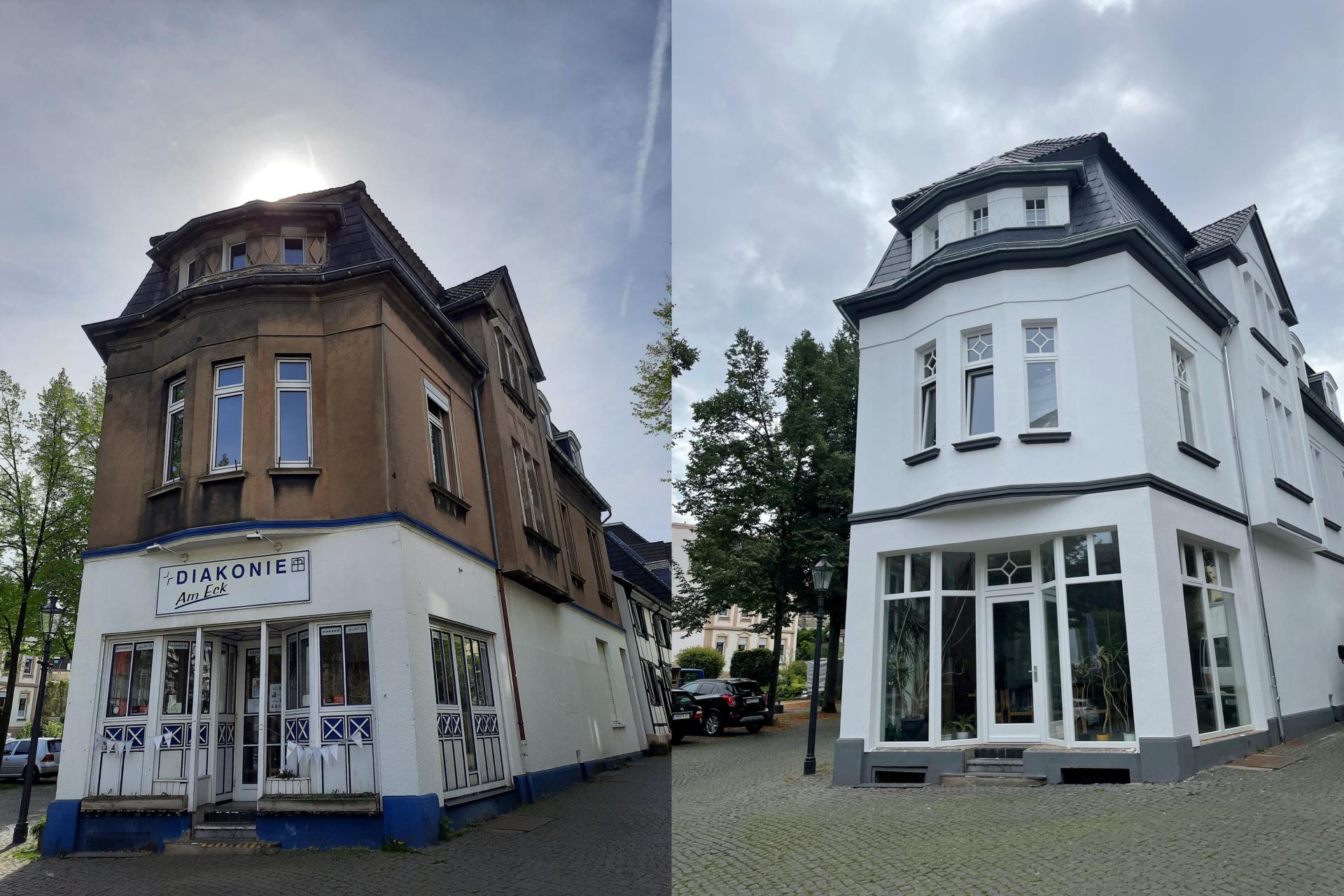 Vorher-Nachher-Vergleich der Fassadengestaltung auf der Kettwiger Straße im Rahmen des Hof- und Fassadenprogramms