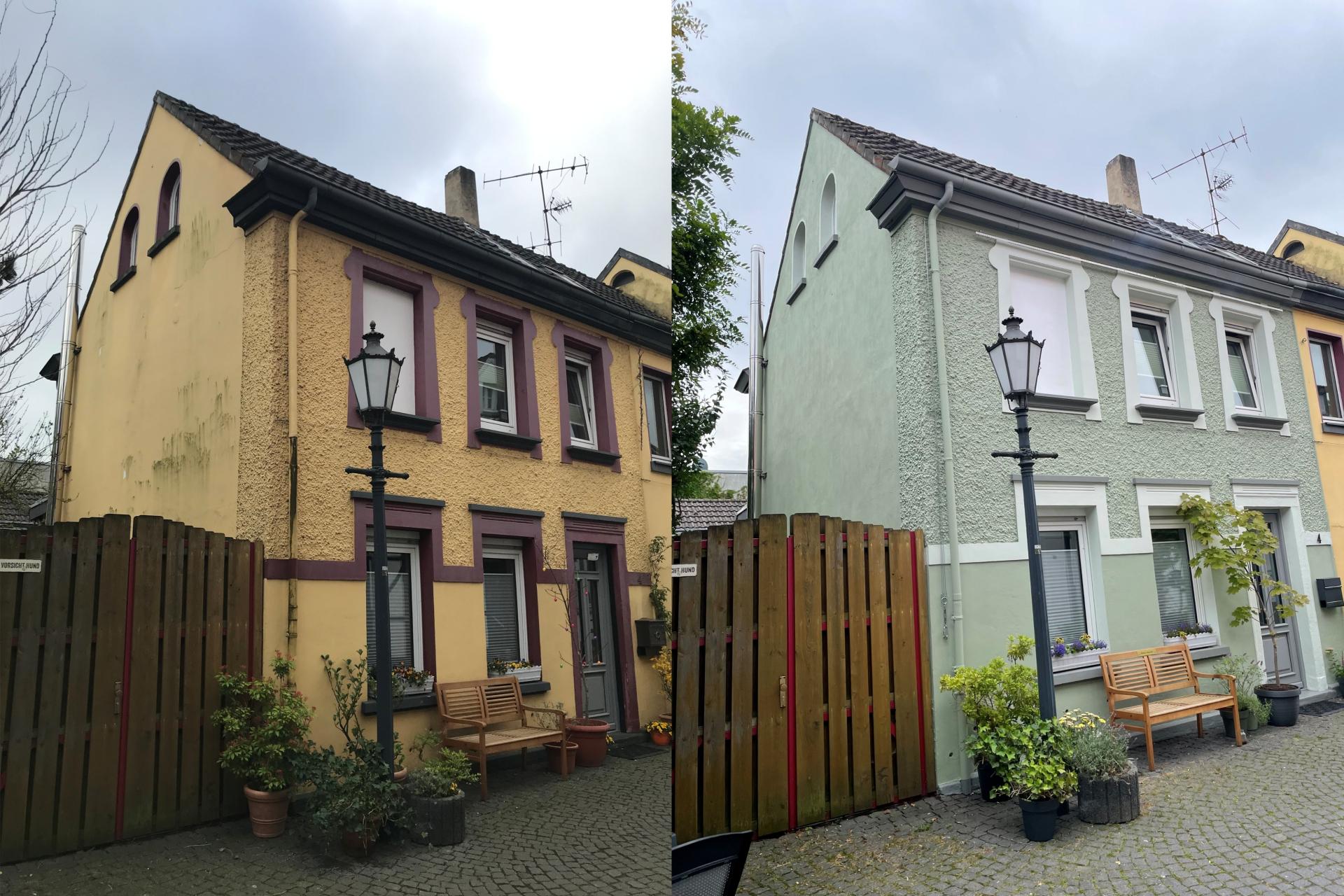 Vorher-Nachher-Vergleich der Fassadengestaltung am Muhrenkamp im Rahmen des Hof- und Fassadenprogramms