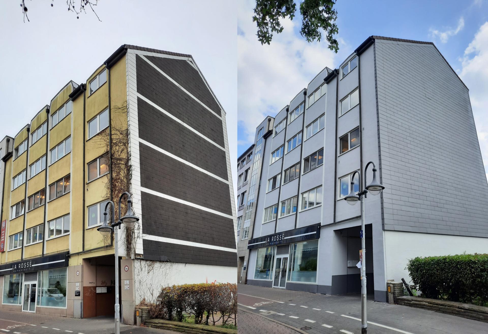 Vorher-Nachher-Vergleich der Fassadengestaltung an der Delle im Rahmen des Hof- und Fassadenprogramms