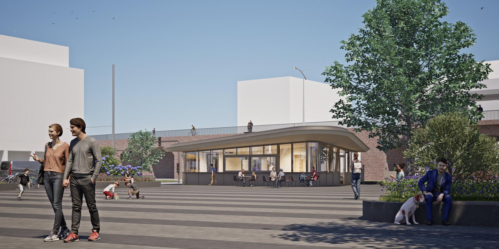 Blick auf das neue Platzhaus auf dem Rathausmarkt