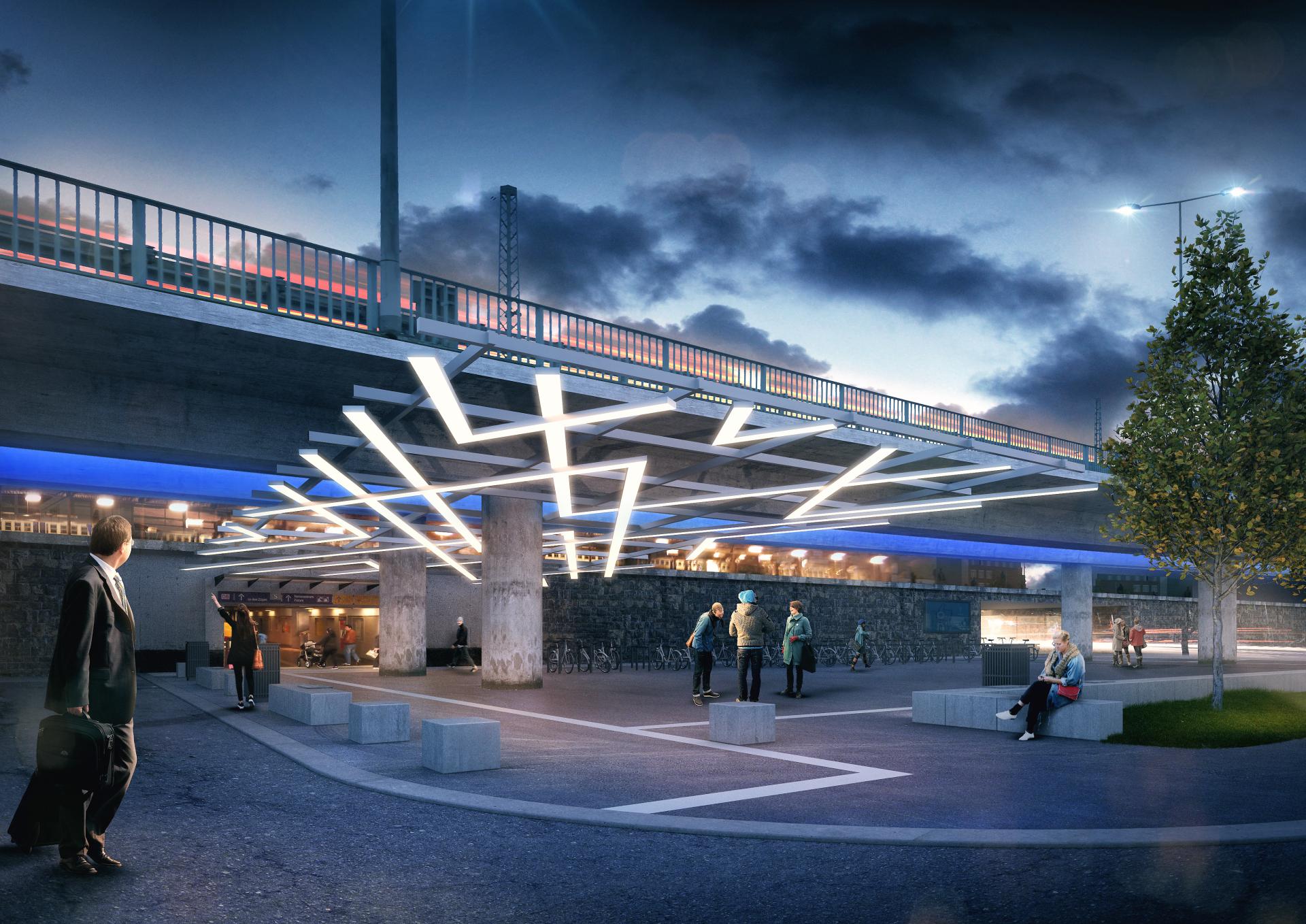 Visualisierung des umgestalteten Bahnhofsvorplatzes mit Lichtinszenierung bei Nacht